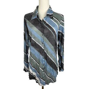 David Cline Shirt Large Snap‎ Front  Slant Stripe Blue Green Crinkle Design